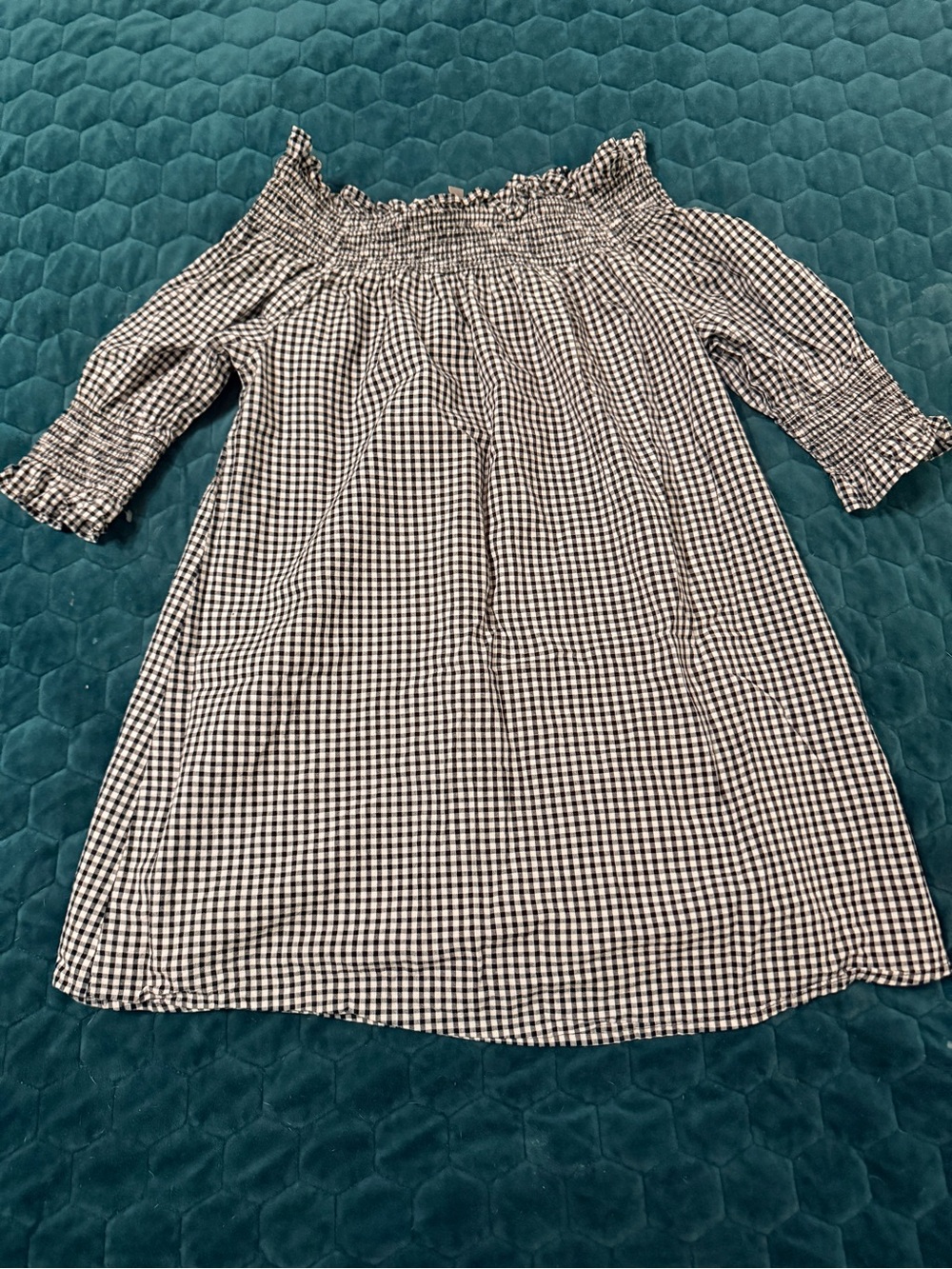 ASOS Black White Gingham Checkered Plaid Smocked Off-Shoulder Dress Size 4 XS